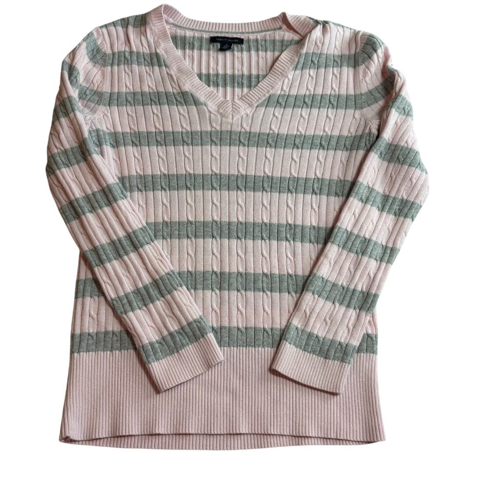 Vintage Y2K Tommy Hilfiger Cable Knit V-Neck Sweater Pink Gray Women's M